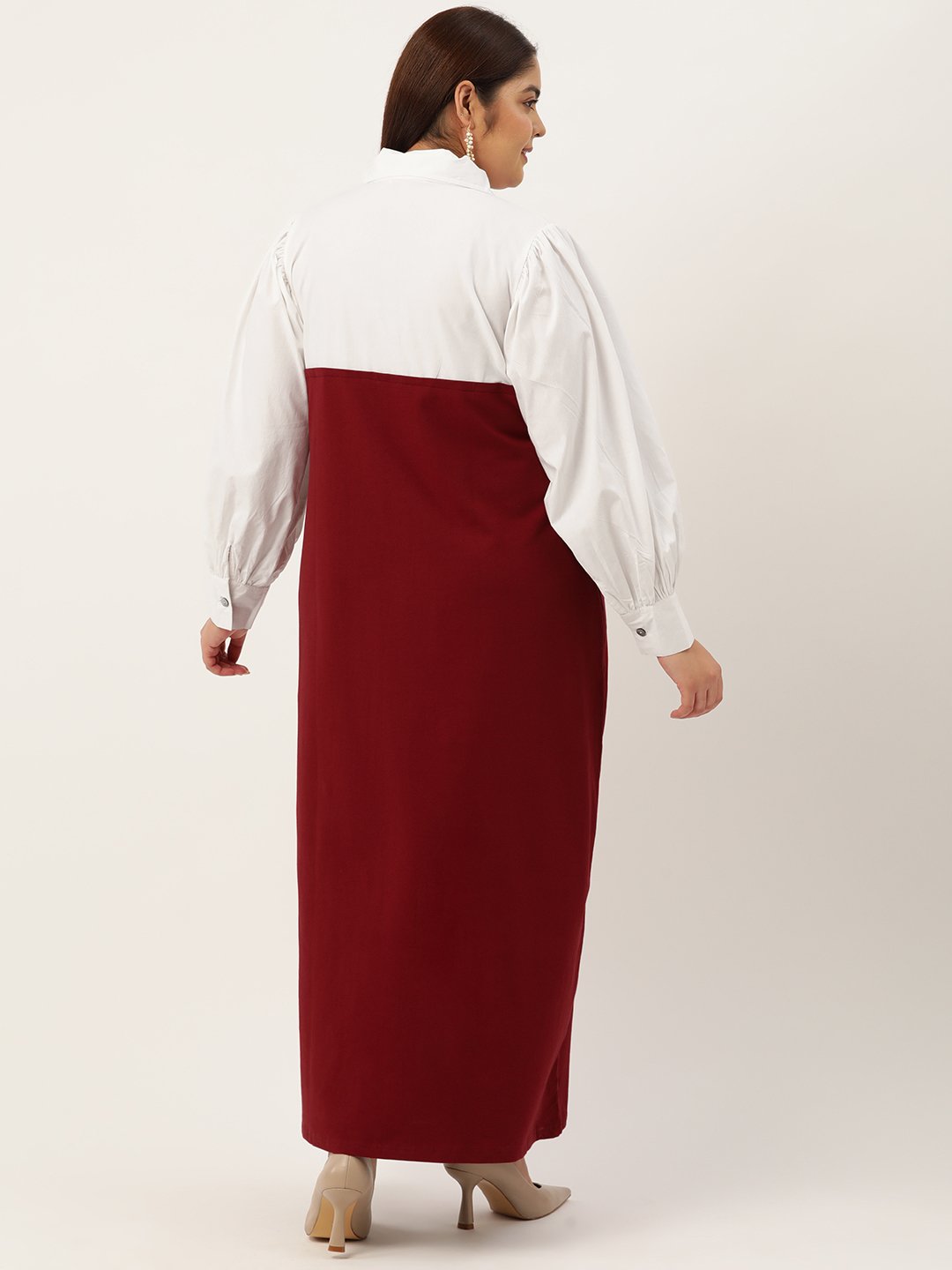 Women's Plus Size Maroon & White Color Block Maxi Dress