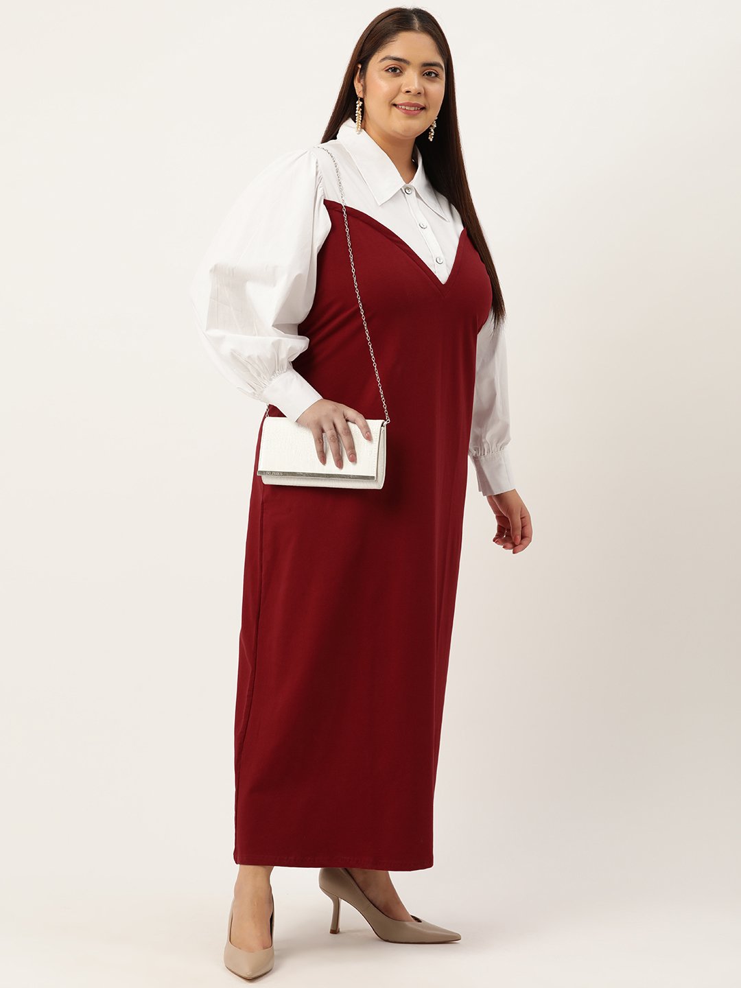 Women's Plus Size Maroon & White Color Block Maxi Dress