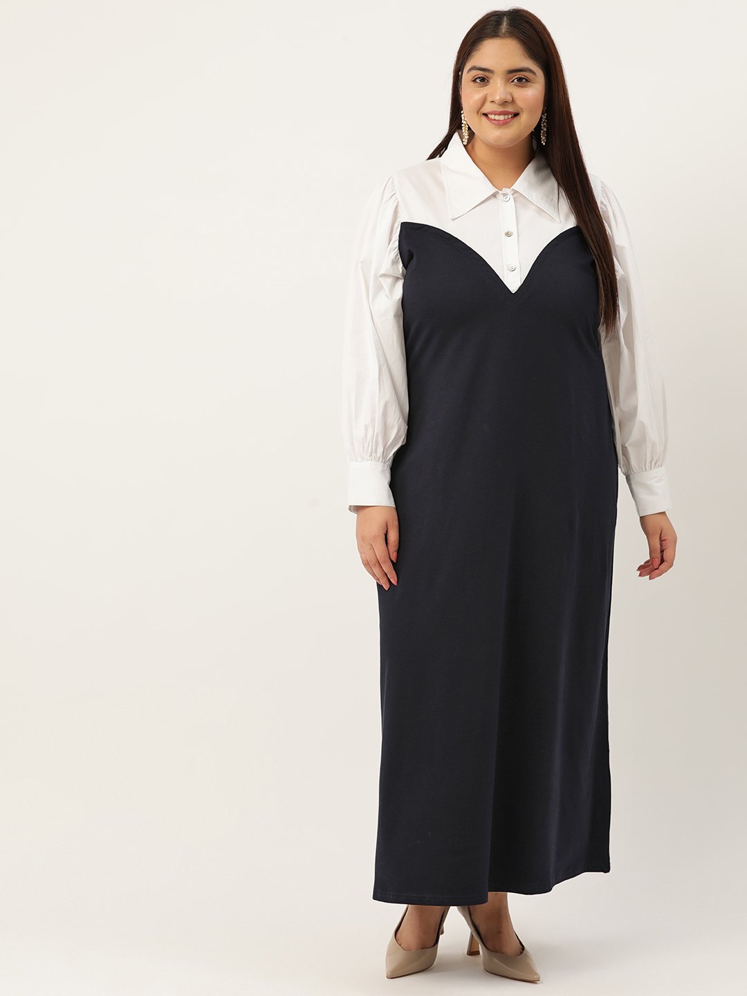 Women's Plus Size Navy & White Color Block Maxi Dress