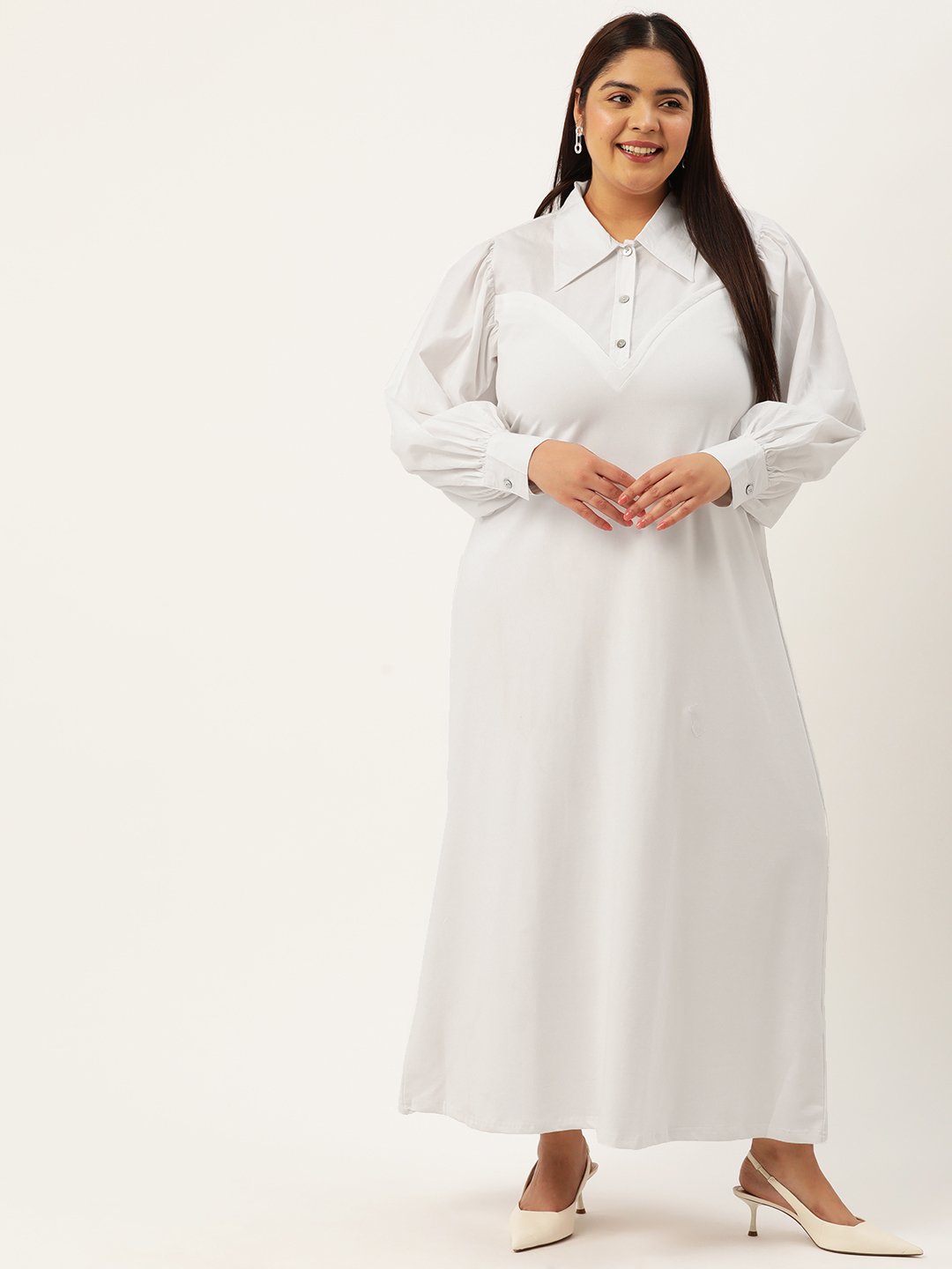 Women's Plus Size White Solid Color Block Maxi Dress