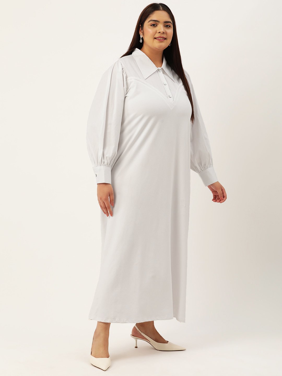 Women's Plus Size White Solid Color Block Maxi Dress