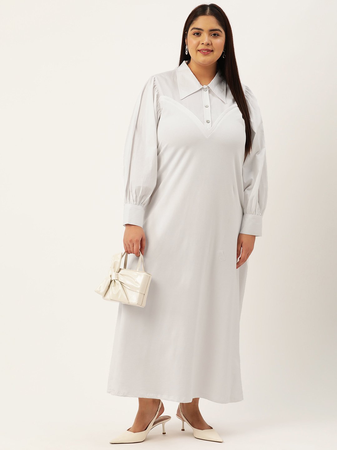 Women's Plus Size White Solid Color Block Maxi Dress