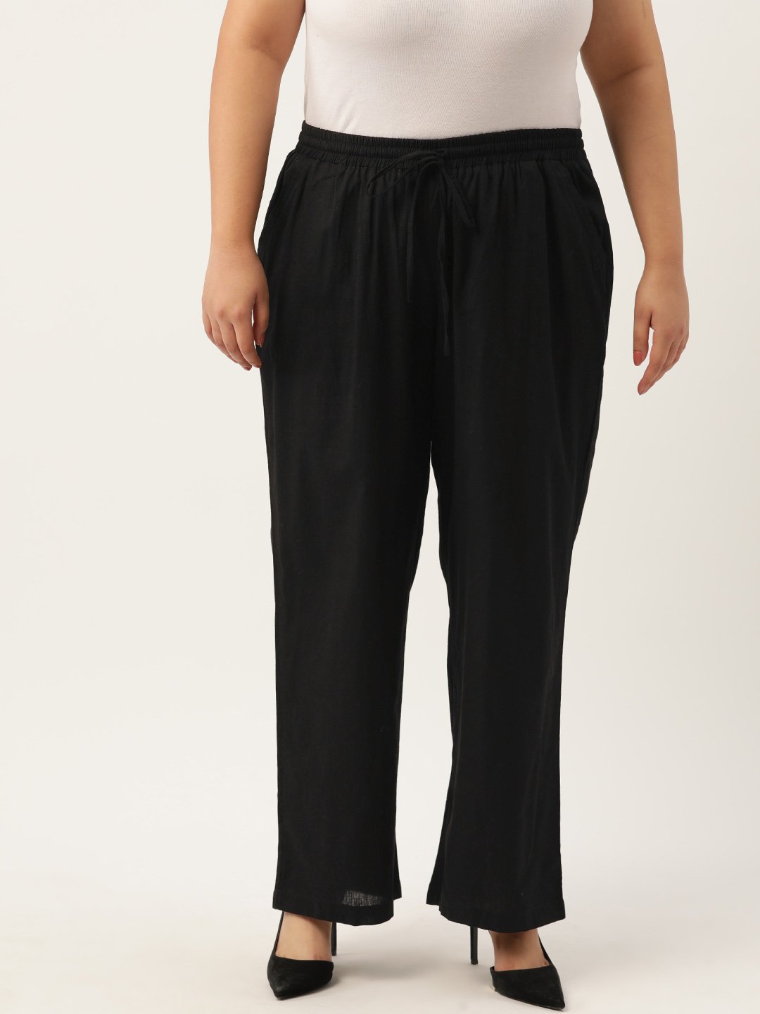 Women's Plus Size Black Solid Color Linen Trouser