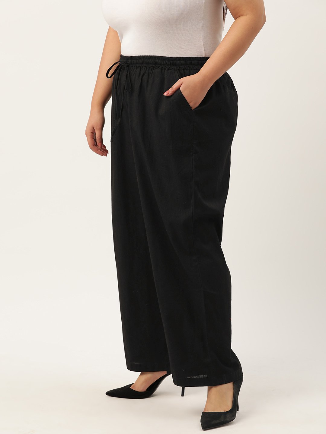 Women's Plus Size Black Solid Color Linen Trouser