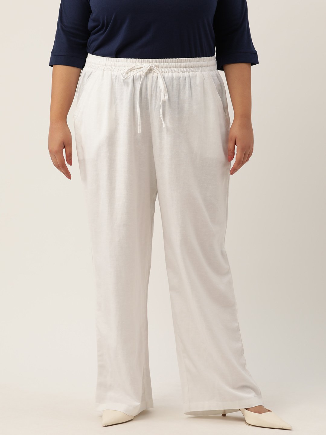 Women's Plus Size White Solid Color Linen Trouser
