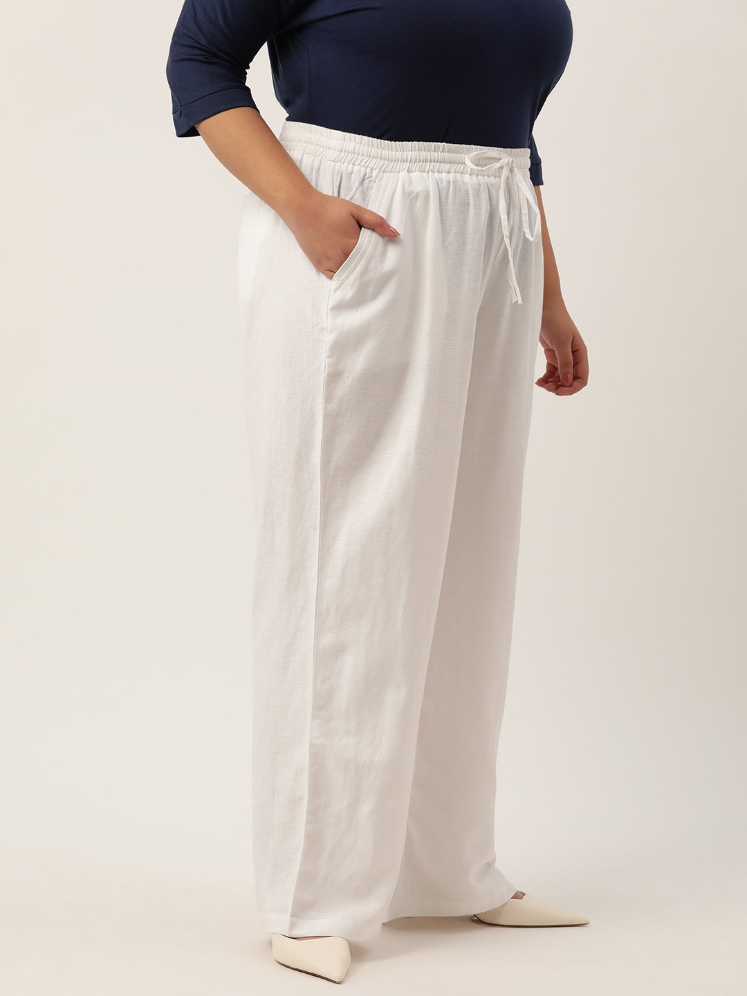 Women's Plus Size White Solid Color Linen Trouser