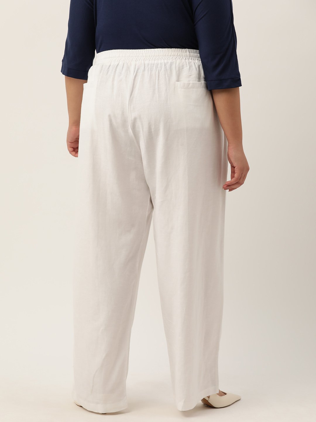 Women's Plus Size White Solid Color Linen Trouser