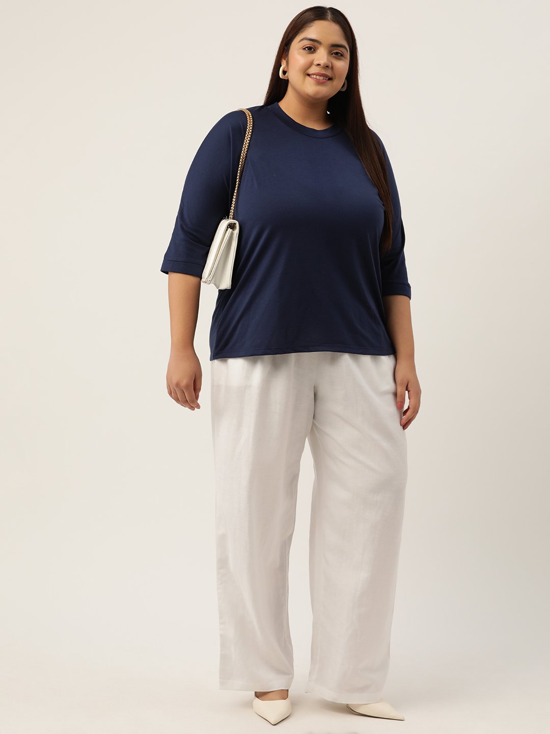 Women's Plus Size White Solid Color Linen Trouser
