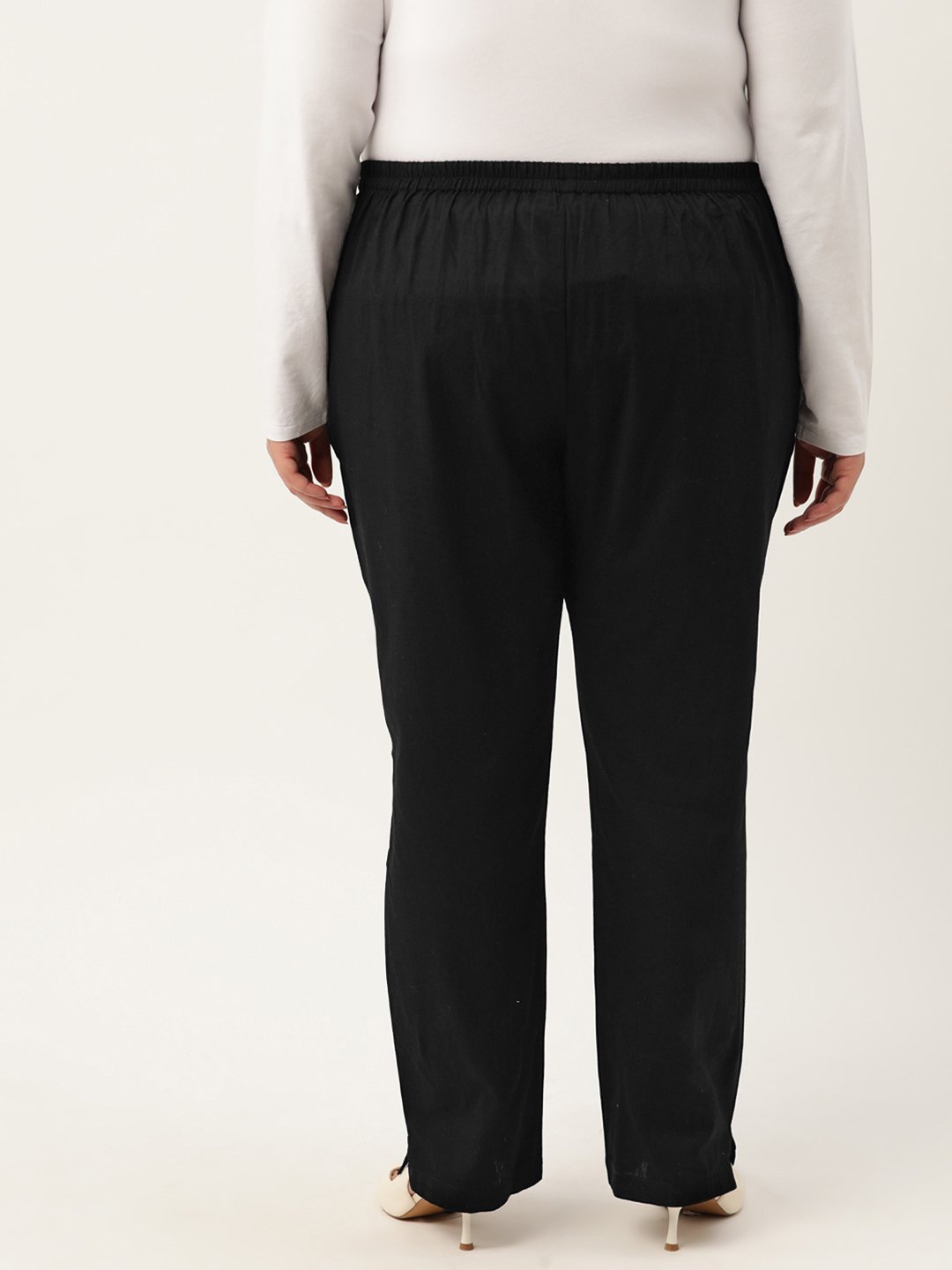 Women's Plus Size Black Solid Color Tapered Trouser Linen Trouser