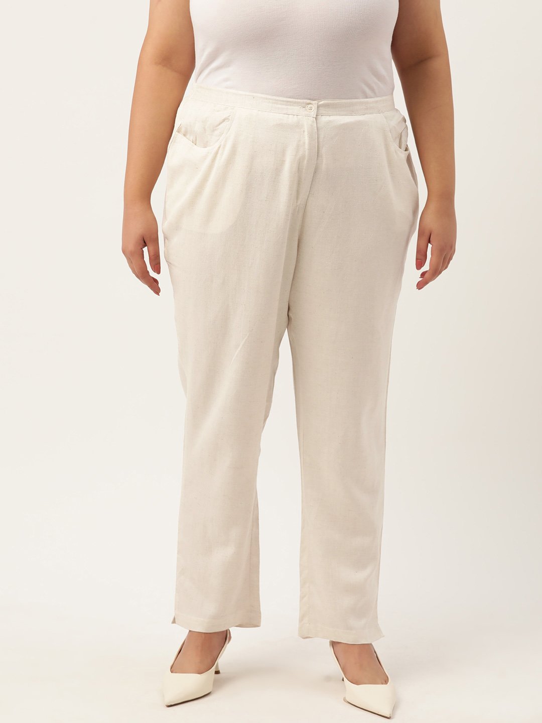 Women's Plus Size Natural Solid Color Tapered Trouser Linen Trouser