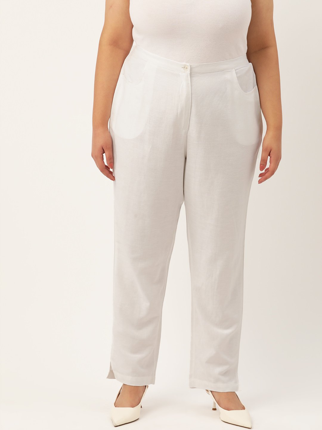 Women's Plus Size White Solid Color Tapered Trouser Linen Trouser
