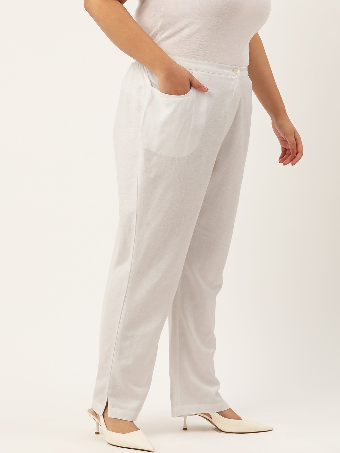 Women's Plus Size White Solid Color Tapered Trouser Linen Trouser