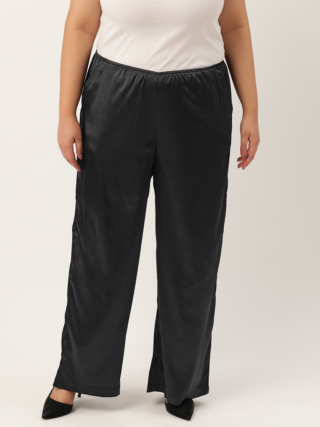 Women's Plus Size Black Solid Color High Rise Satin Trouser