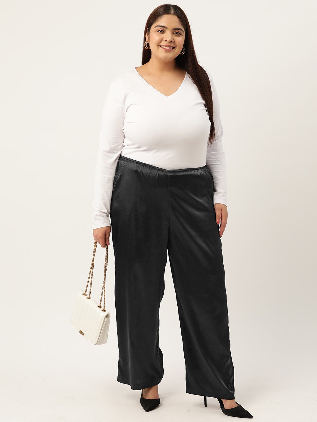 Women's Plus Size Black Solid Color High Rise Satin Trouser