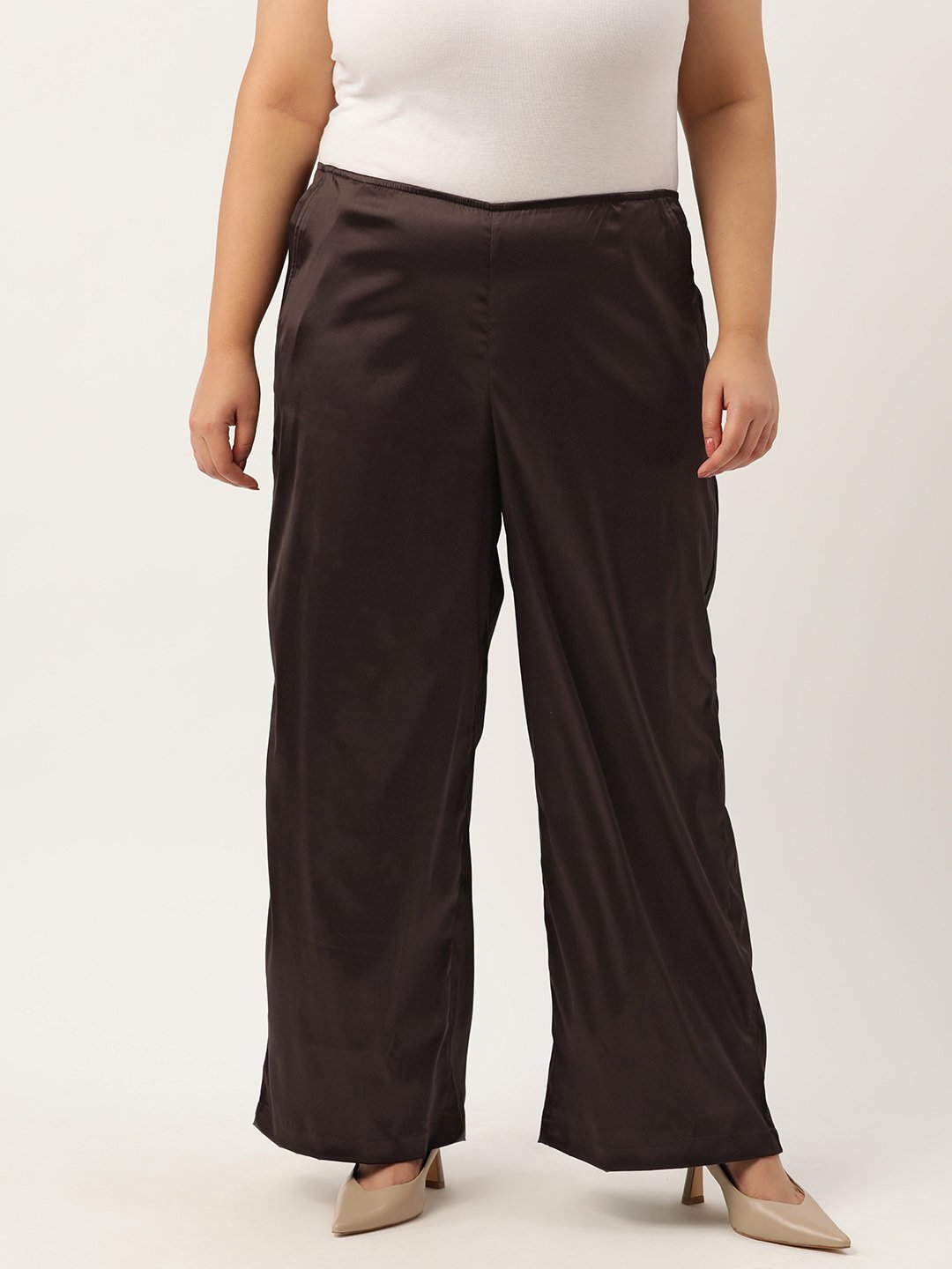 Women's Plus Size Brown Solid Color High Rise Satin Trouser