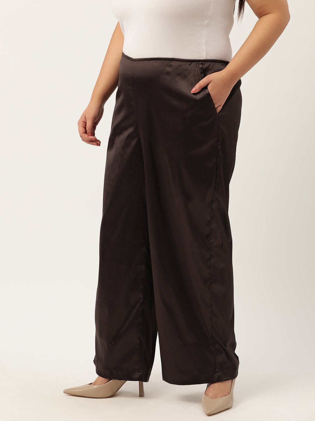 Women's Plus Size Brown Solid Color High Rise Satin Trouser