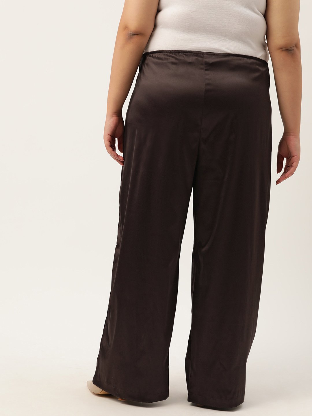 Women's Plus Size Brown Solid Color High Rise Satin Trouser