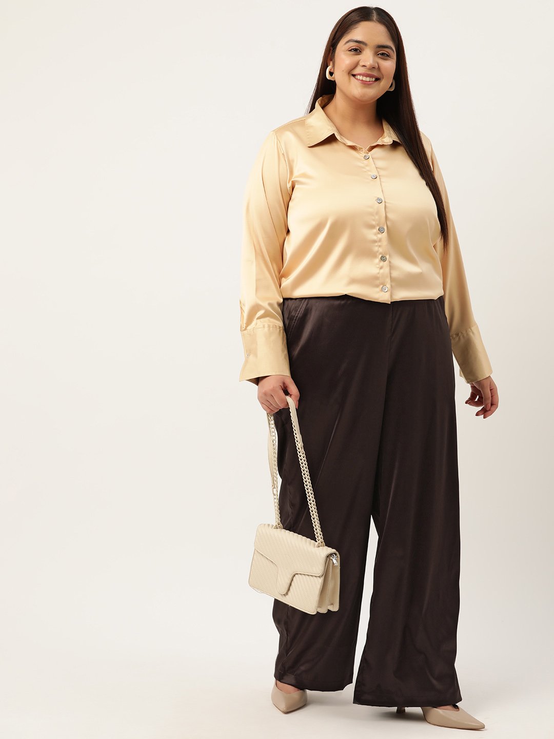 Women's Plus Size Brown Solid Color High Rise Satin Trouser