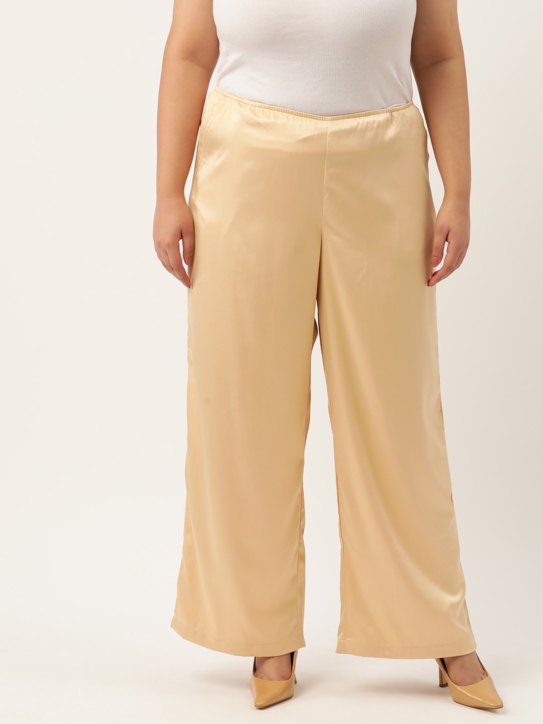 Women's Plus Size Gold Solid Color High Rise Satin Trouser