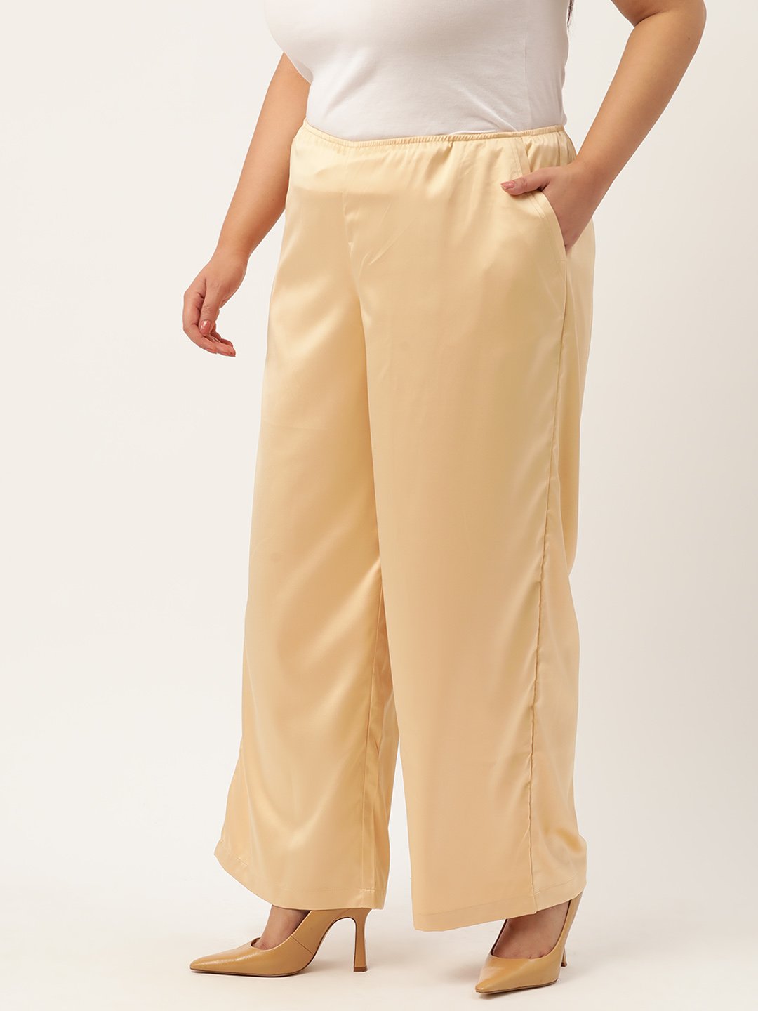 Women's Plus Size Gold Solid Color High Rise Satin Trouser