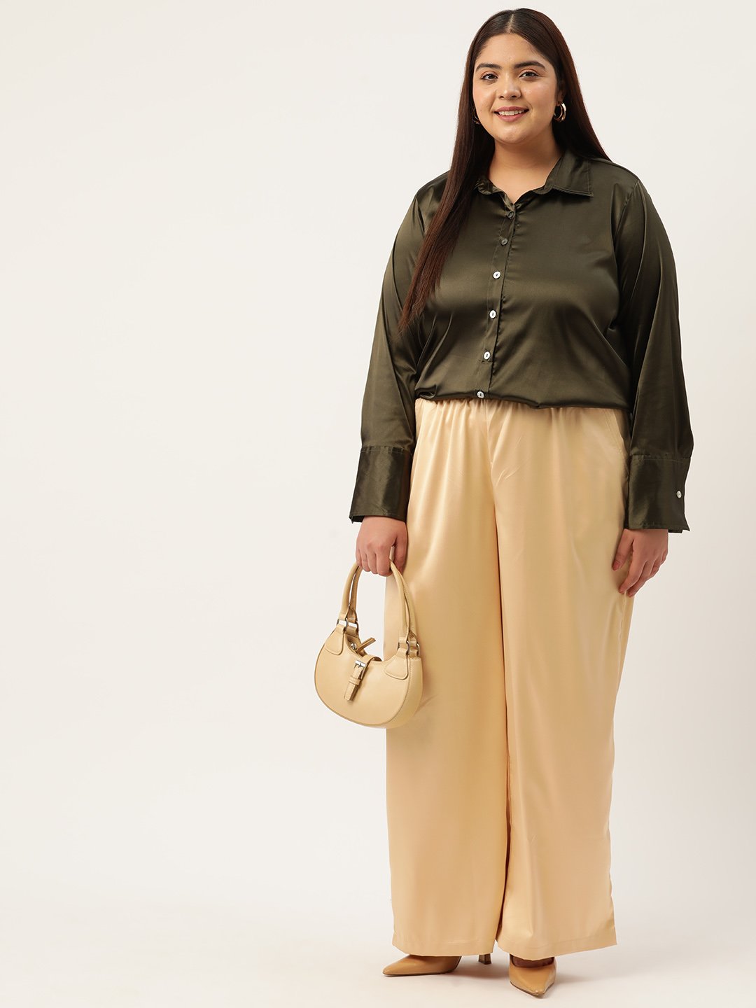 Women's Plus Size Gold Solid Color High Rise Satin Trouser