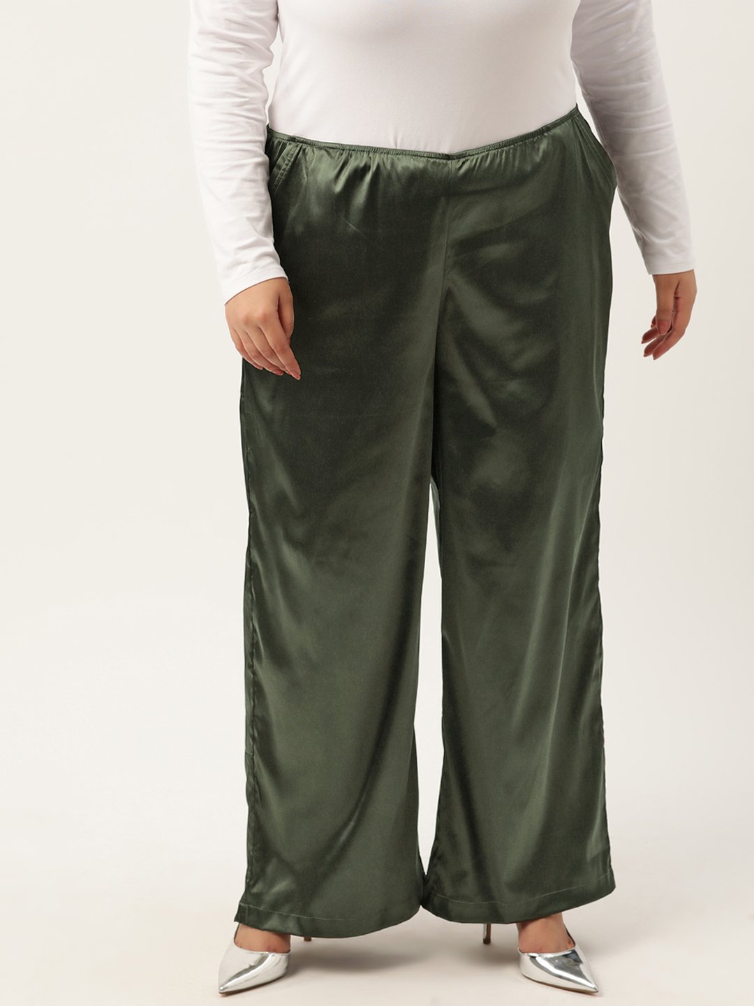 Women's Plus Size Olive Solid Color High Rise Satin Trouser