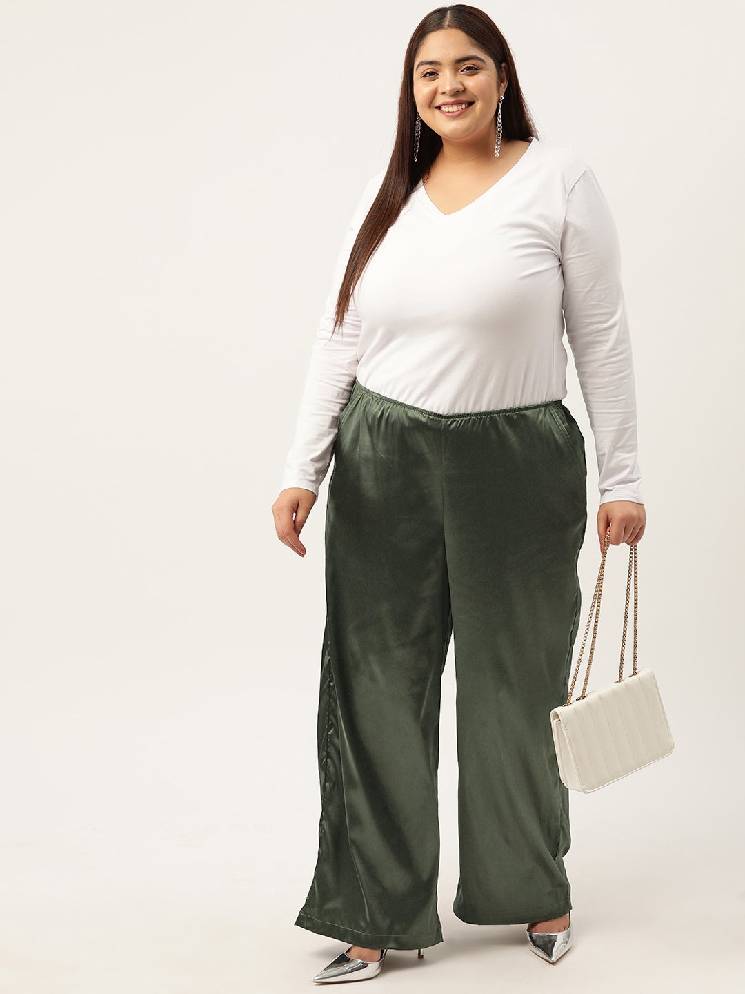 Women's Plus Size Olive Solid Color High Rise Satin Trouser