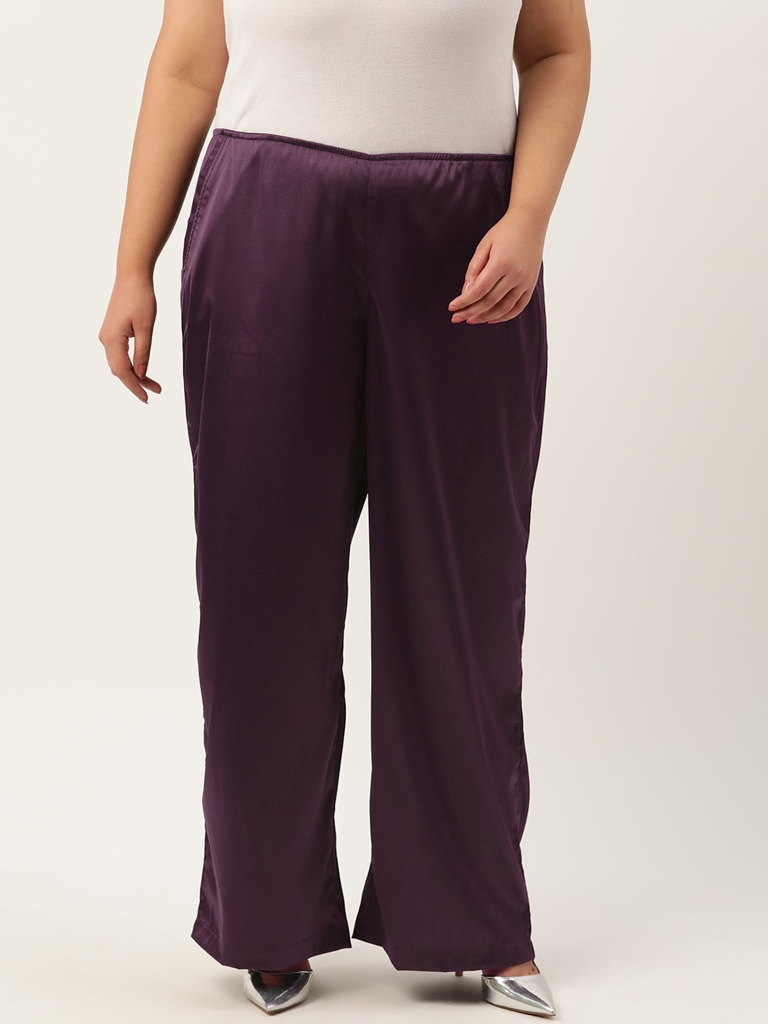 Women's Plus Size Purple Solid Color High Rise Satin Trouser