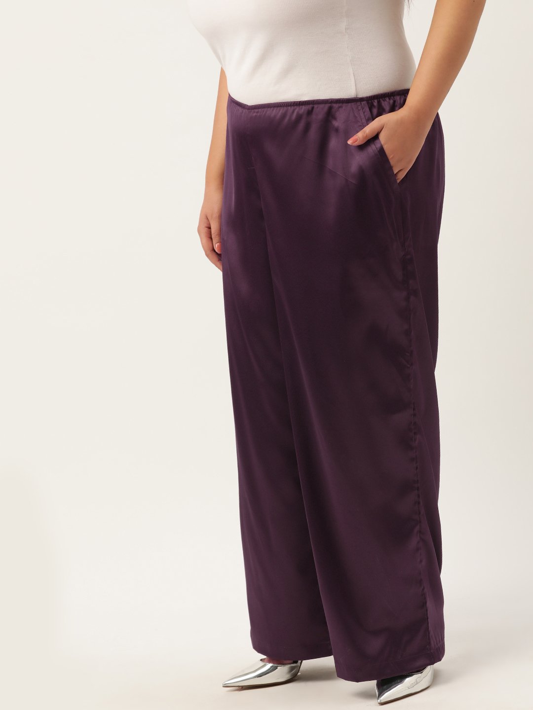 Women's Plus Size Purple Solid Color High Rise Satin Trouser