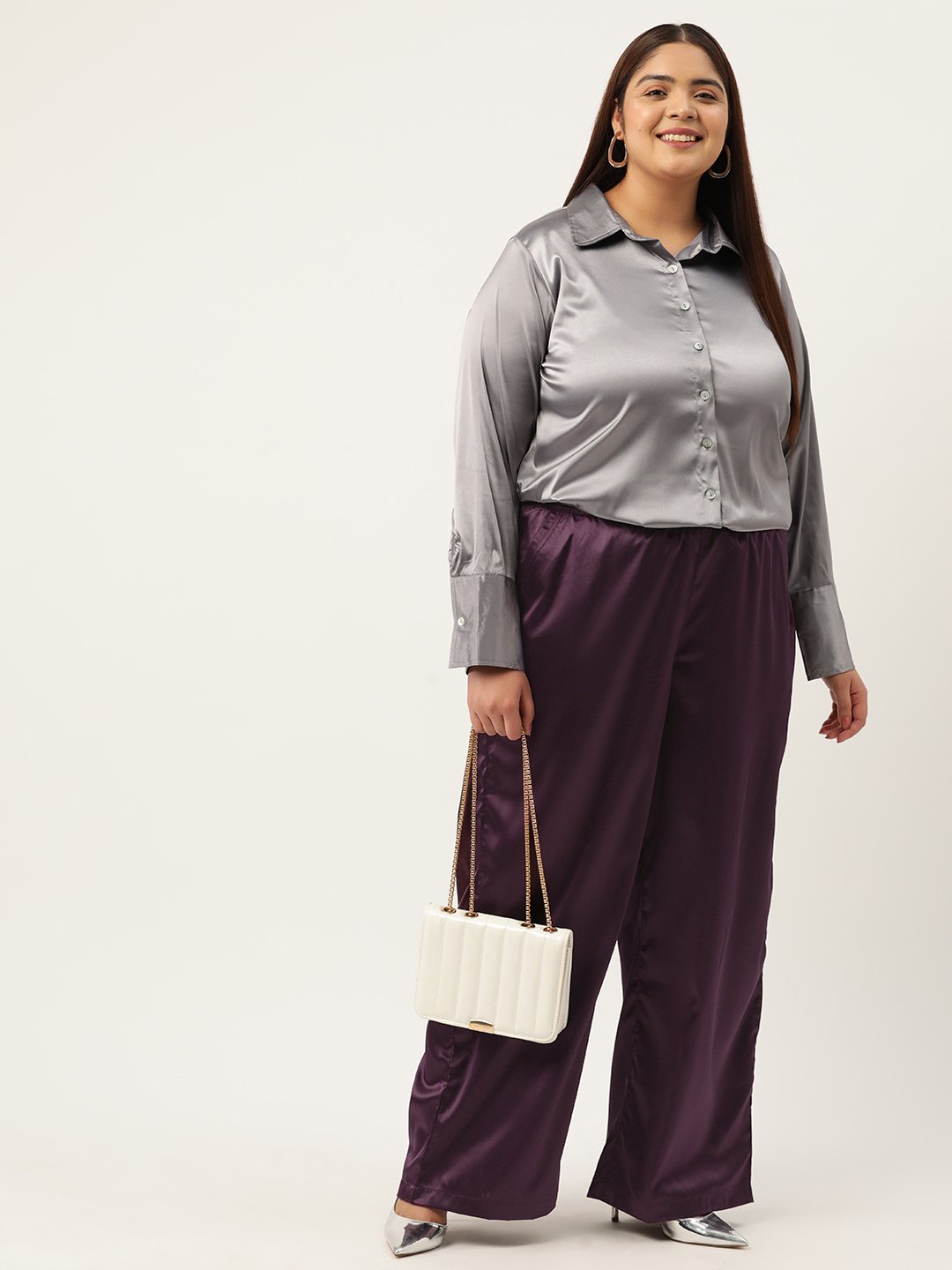 Women's Plus Size Purple Solid Color High Rise Satin Trouser