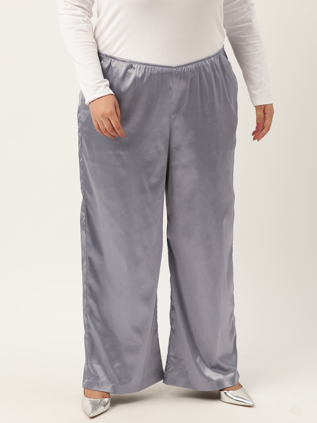 Women's Plus Size Silver Solid Color High Rise Satin Trouser