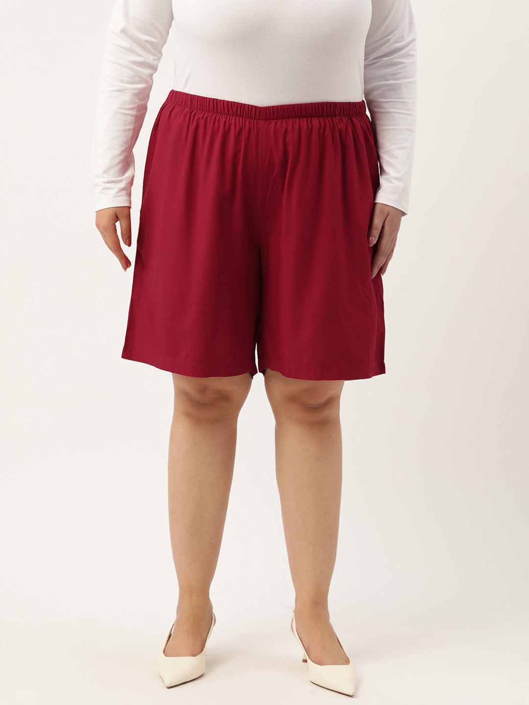 Women's Plus Size Maroon Solid Color High Rise Short