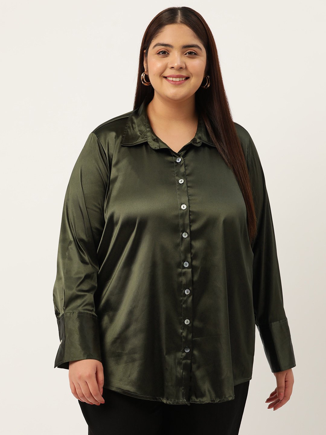 Women's Plus Size Olive Solid Color Party Wear Satin Shirt