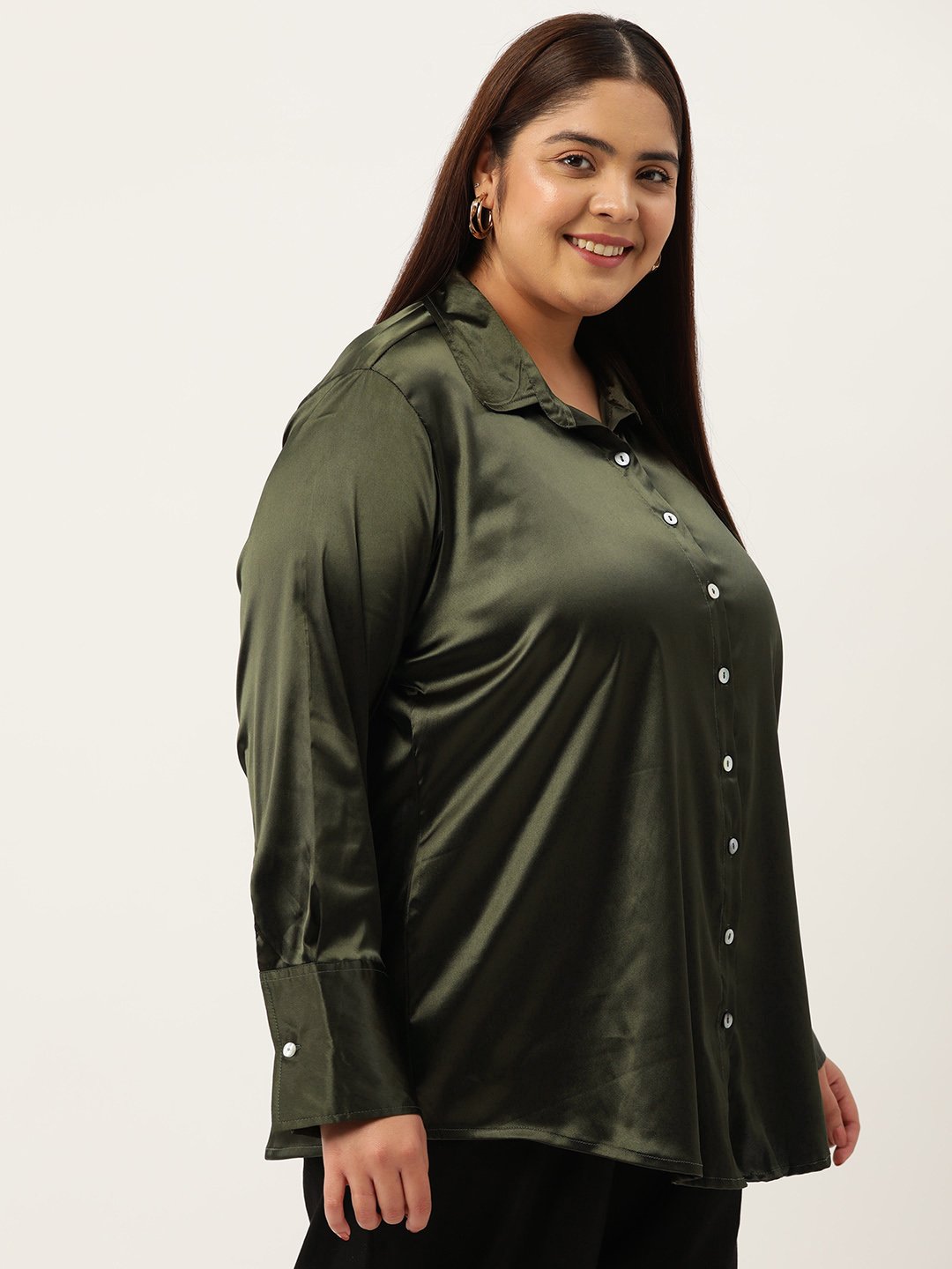 Women's Plus Size Olive Solid Color Party Wear Satin Shirt