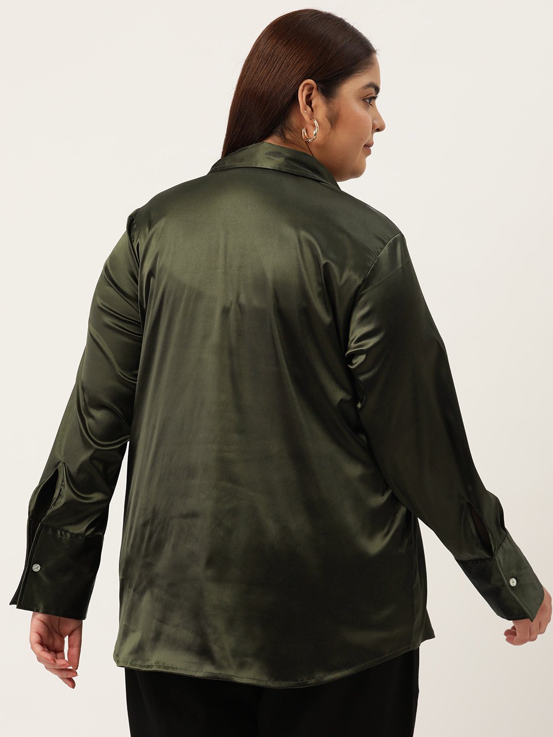 Women's Plus Size Olive Solid Color Party Wear Satin Shirt
