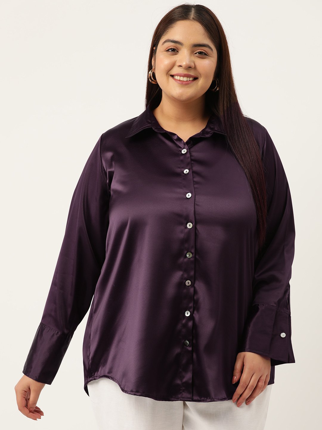 Women's Plus Size Purple Solid Color Party Wear Satin Shirt