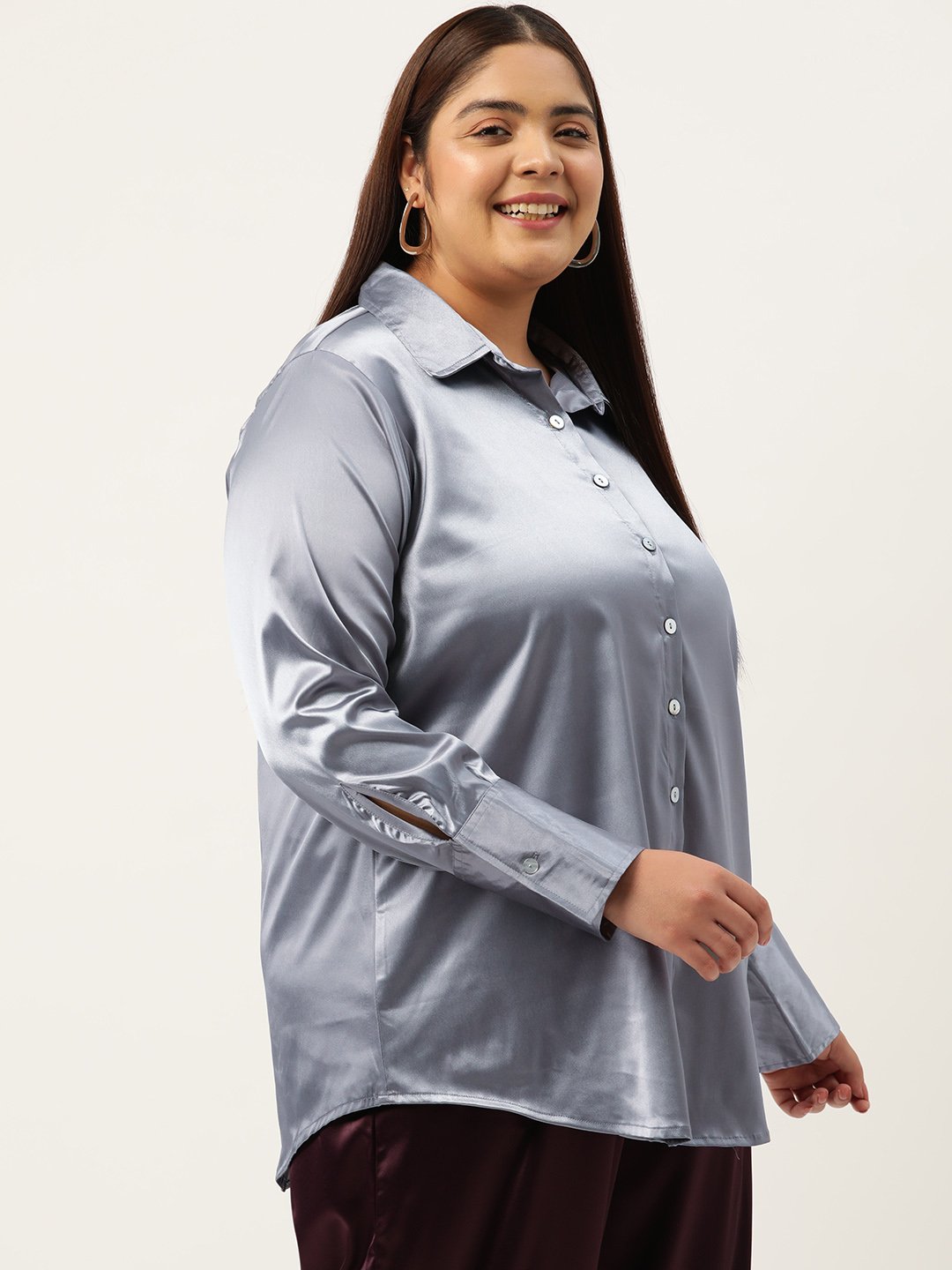Women's Plus Size Silver Solid Color Party Wear Satin Shirt