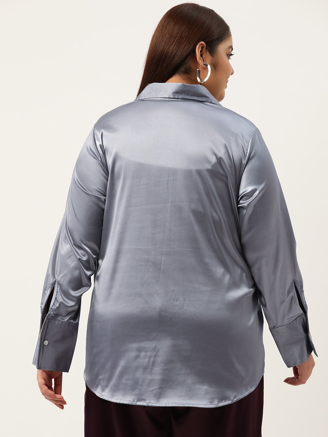 Women's Plus Size Silver Solid Color Party Wear Satin Shirt