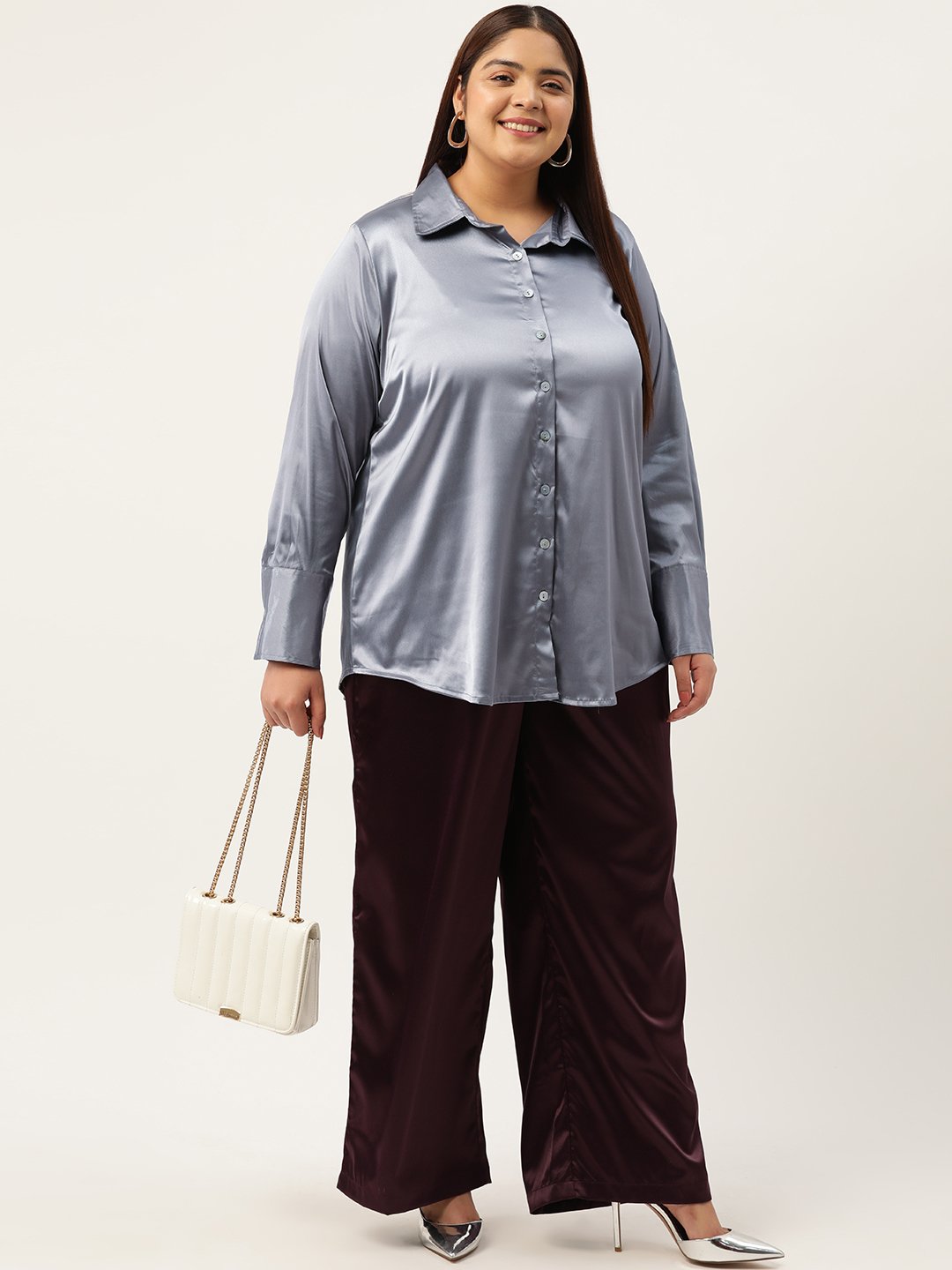 Women's Plus Size Silver Solid Color Party Wear Satin Shirt