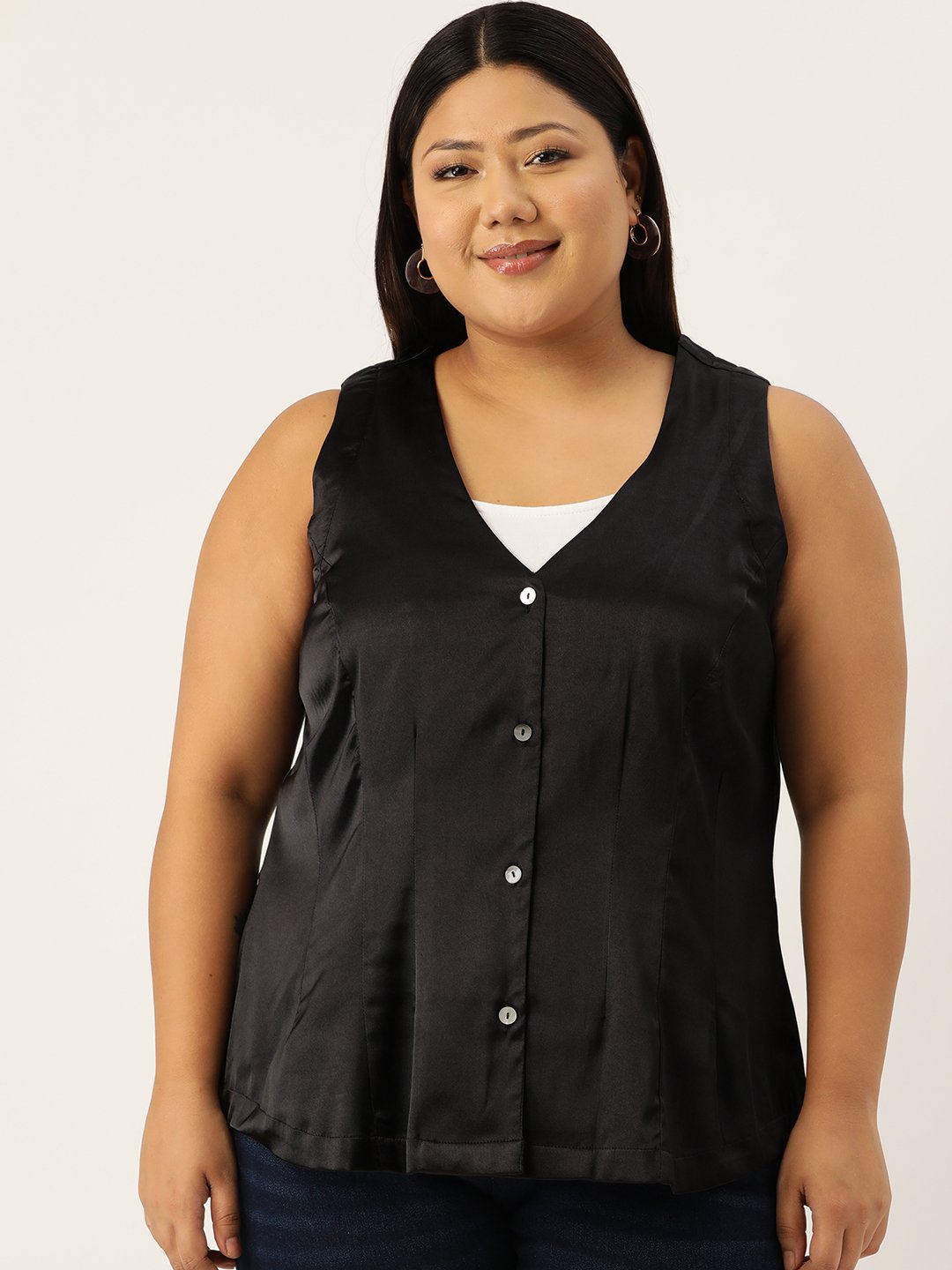Women's Plus Size Black Solid Color Satin Sleeveless Waistcoat