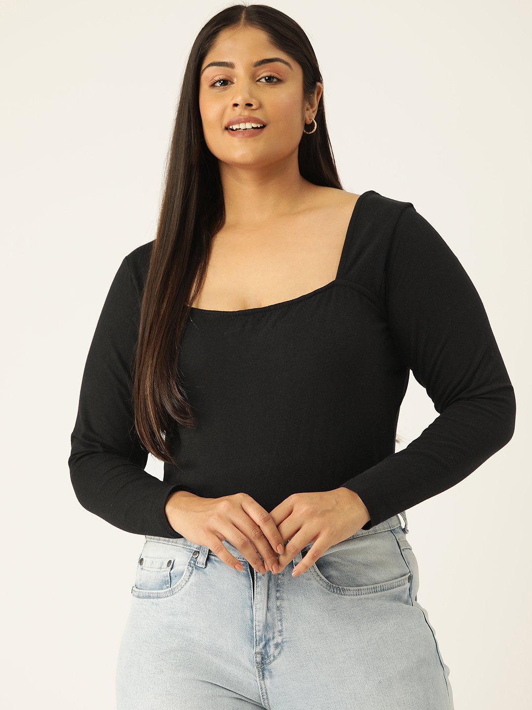 Women's Plus Size Black Solid Color Square Neck Crop Top