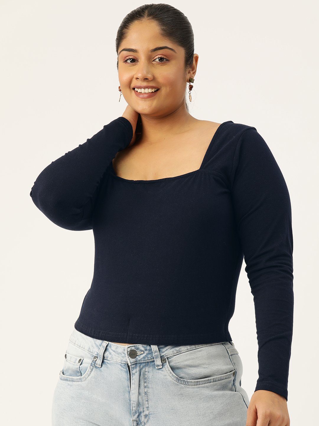 Women's Plus Size Navy Blue Solid Color Square Neck Crop Top