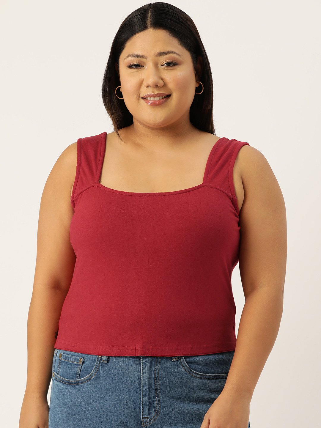 Women's Plus Size Maroon Solid Color Knitted Crop Top