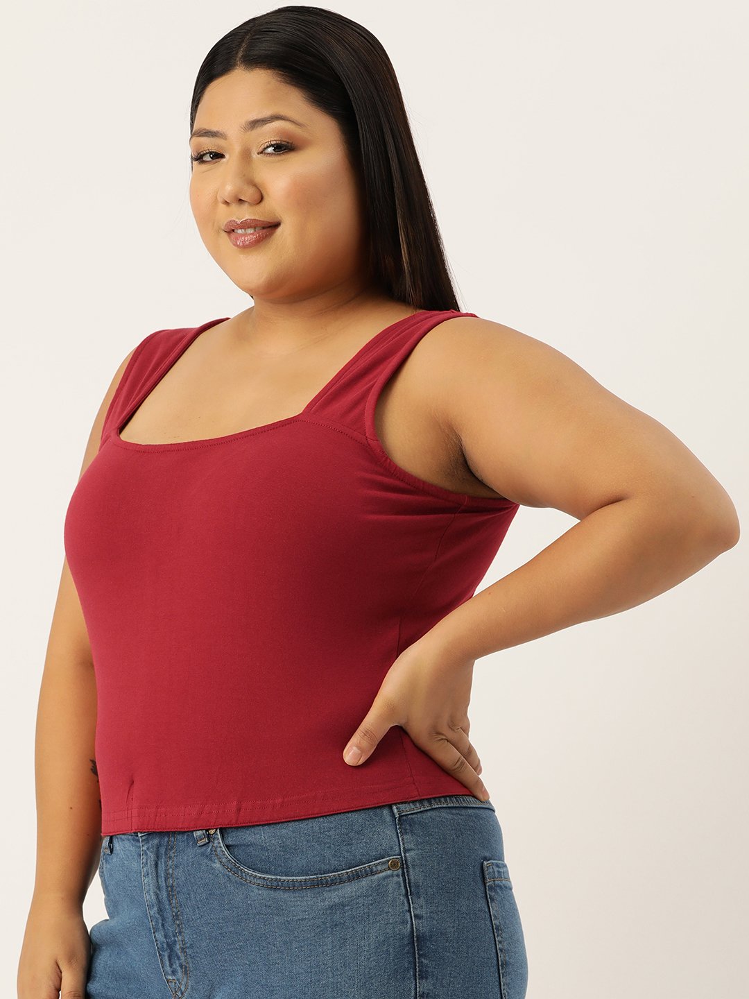 Women's Plus Size Maroon Solid Color Knitted Crop Top