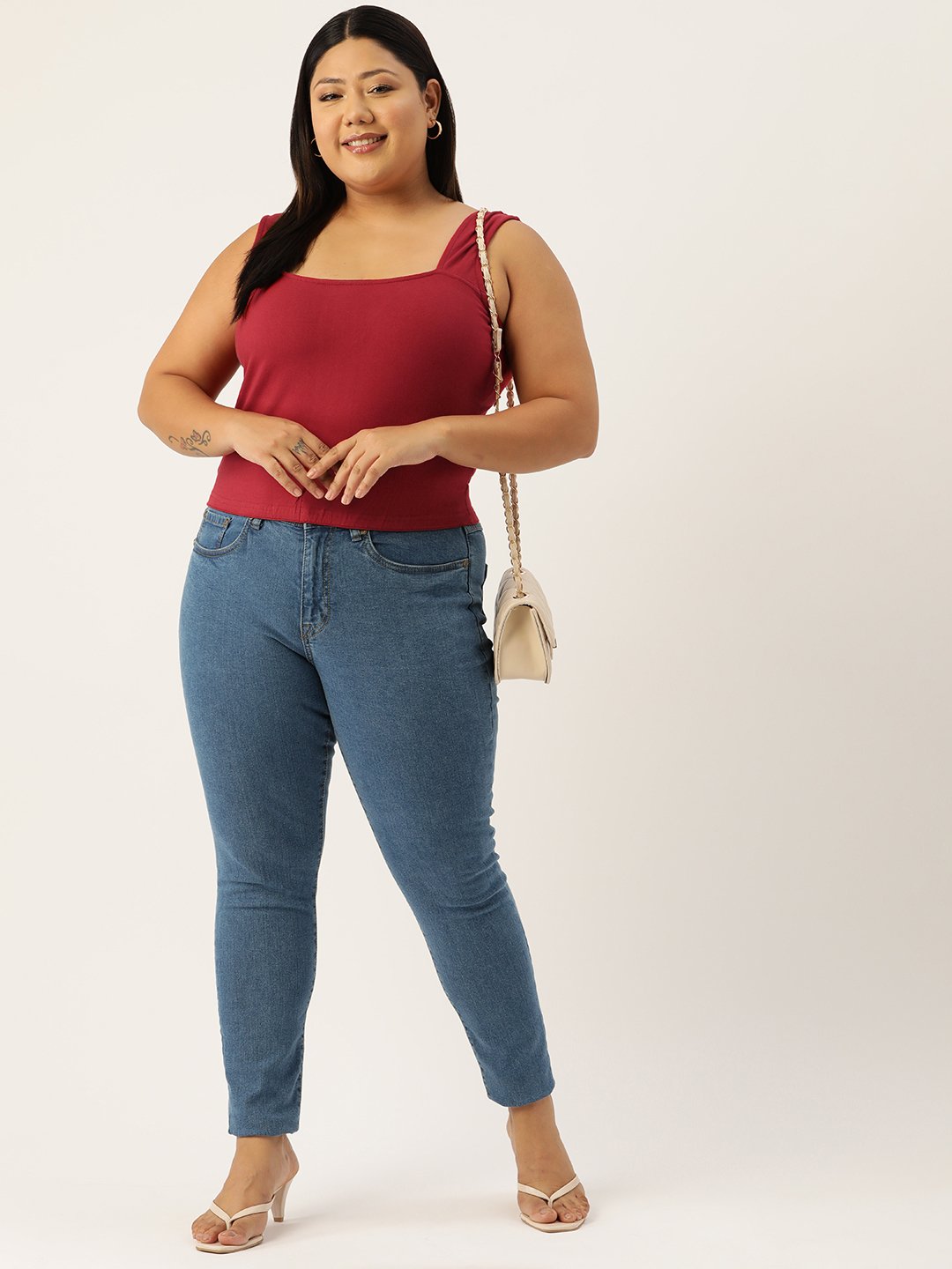 Women's Plus Size Maroon Solid Color Knitted Crop Top