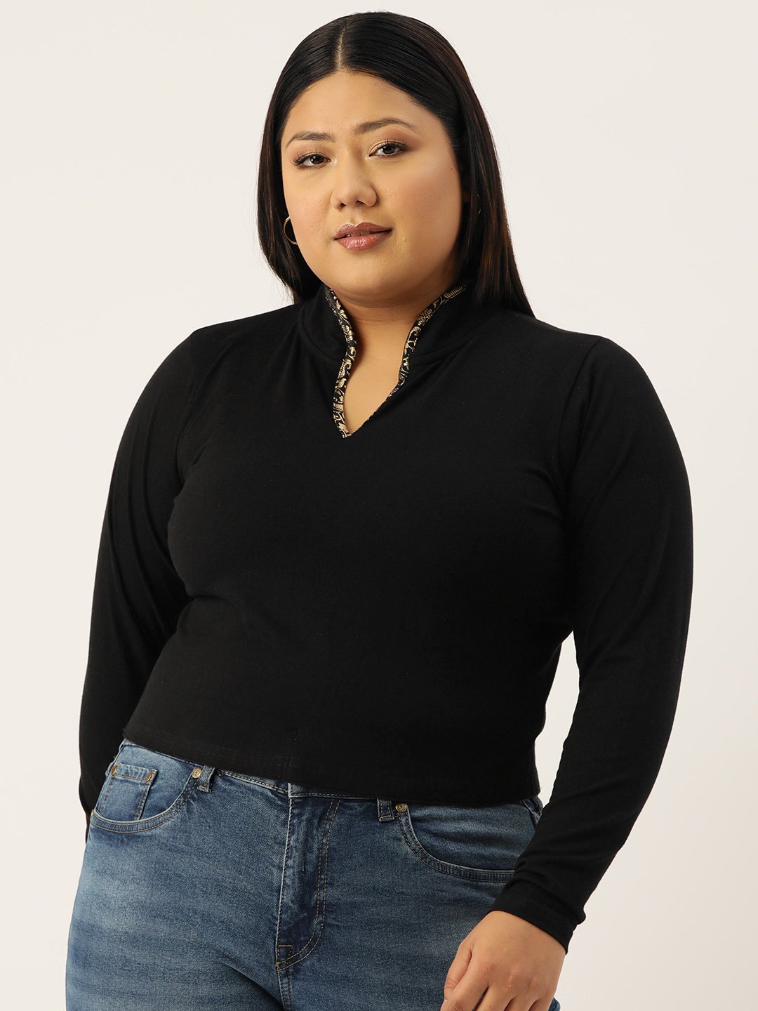 Women's Plus Size Black Solid Color Cotton Knitted Crop Top