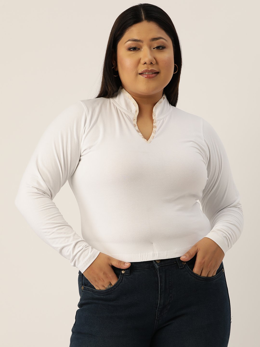 Women's Plus Size White Solid Color Cotton Knitted Crop Top