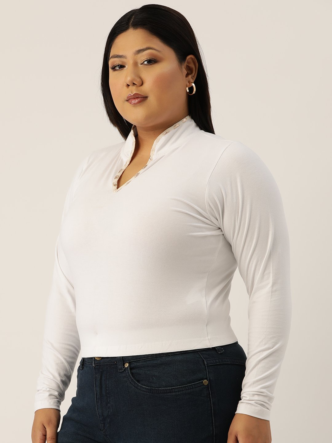 Women's Plus Size White Solid Color Cotton Knitted Crop Top