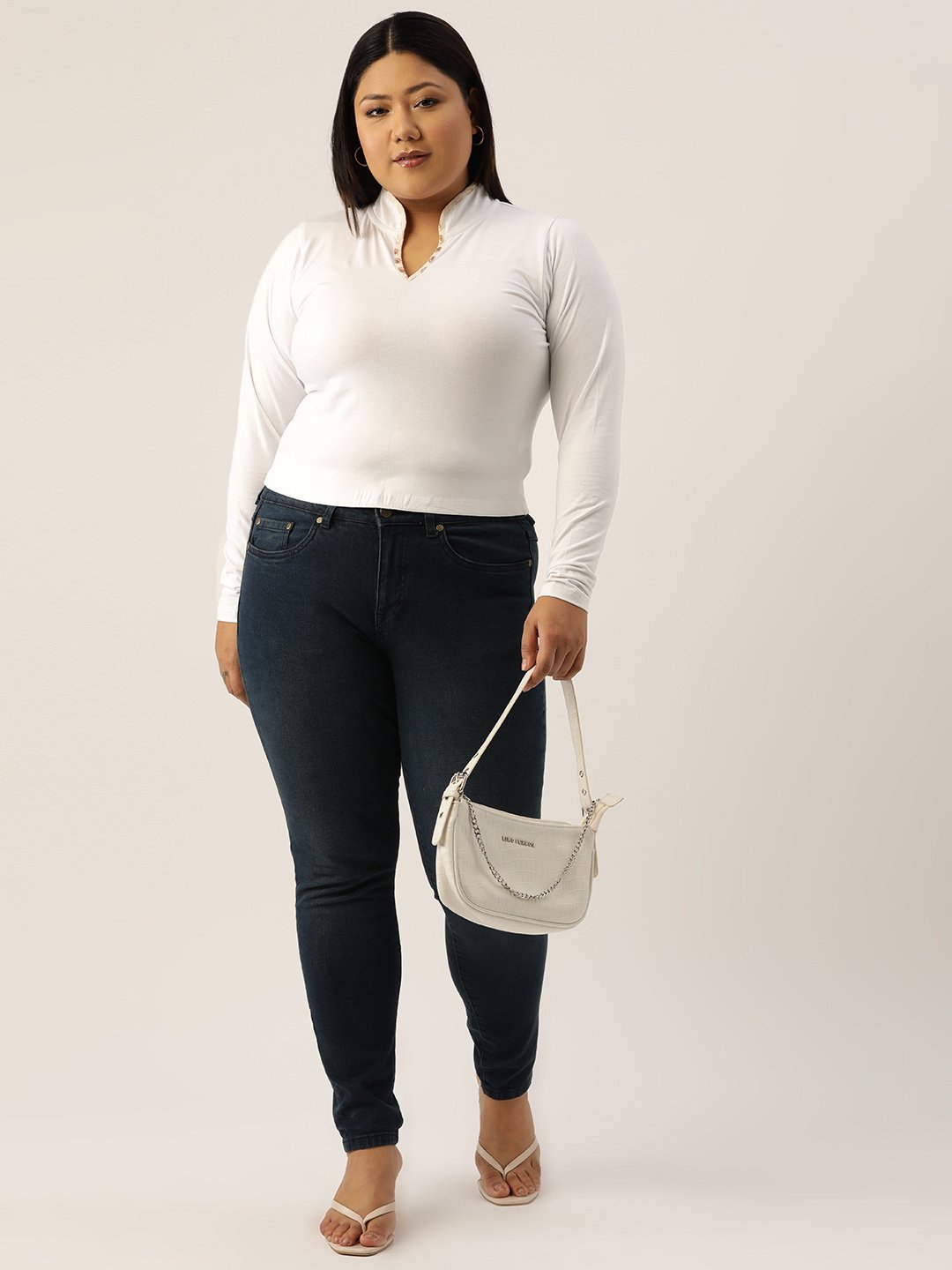 Women's Plus Size White Solid Color Cotton Knitted Crop Top