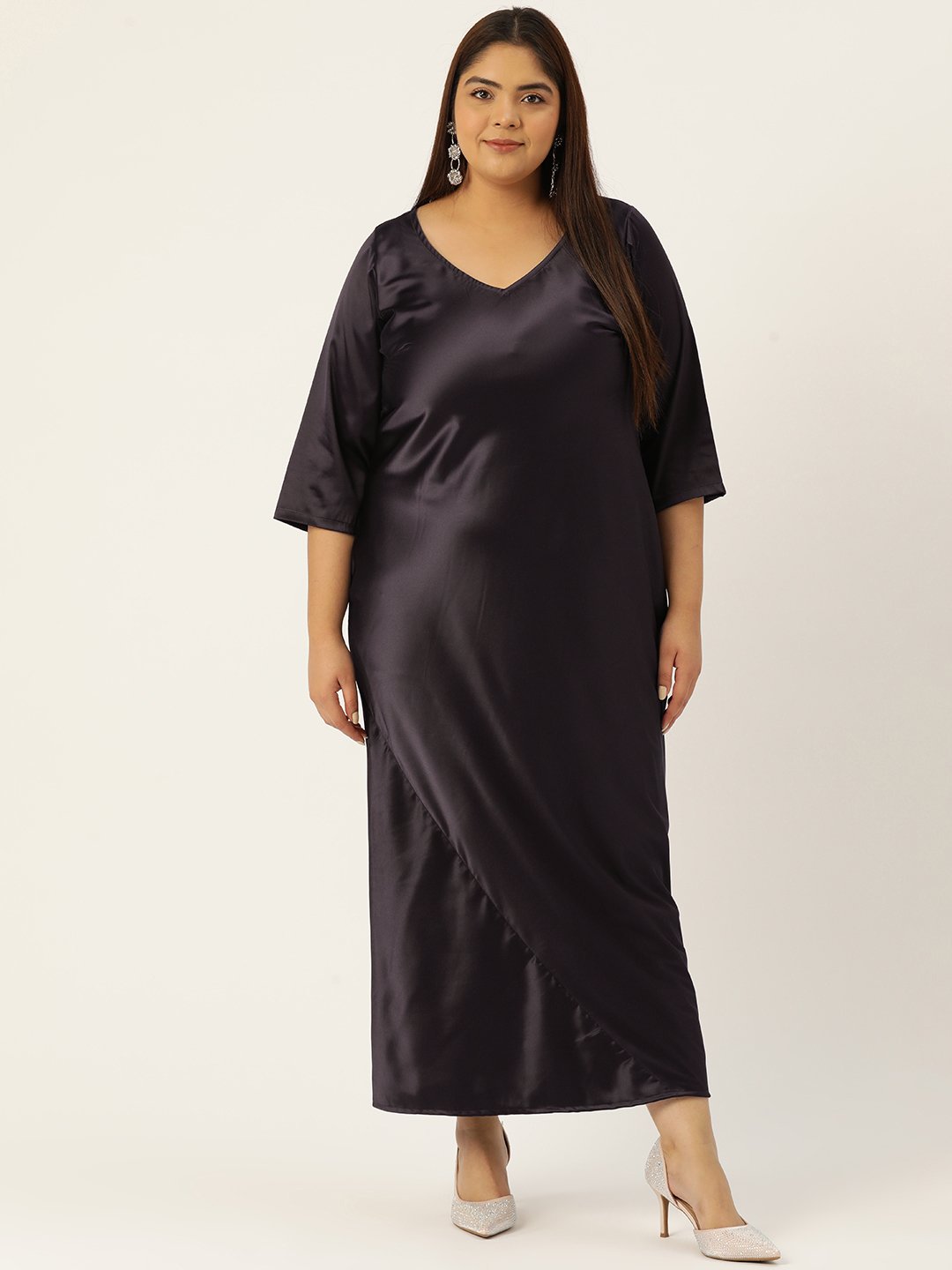 Women's Plus Size Brown Solid Color Satin Maxi Dress